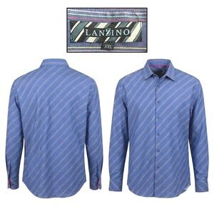 Lanzino Mens XXL Blue Diagonal Multi Color Stripe Cotton French Cuff Shirt  Luxe